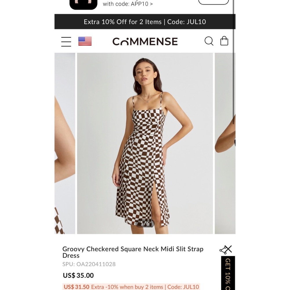 Groovy Checkered Square Neck Midi Slit Strap Dress